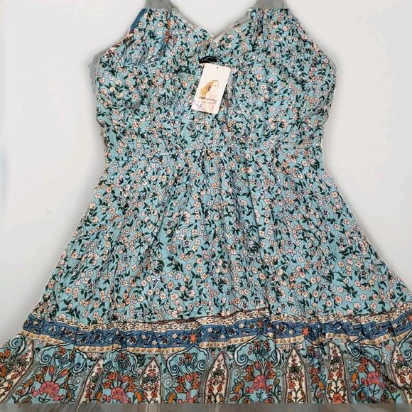 Floral Maxi Dress Women's XL Blue Pink Smocked Back Ric Rac Straps Boho Summer - Picture 6 of 10